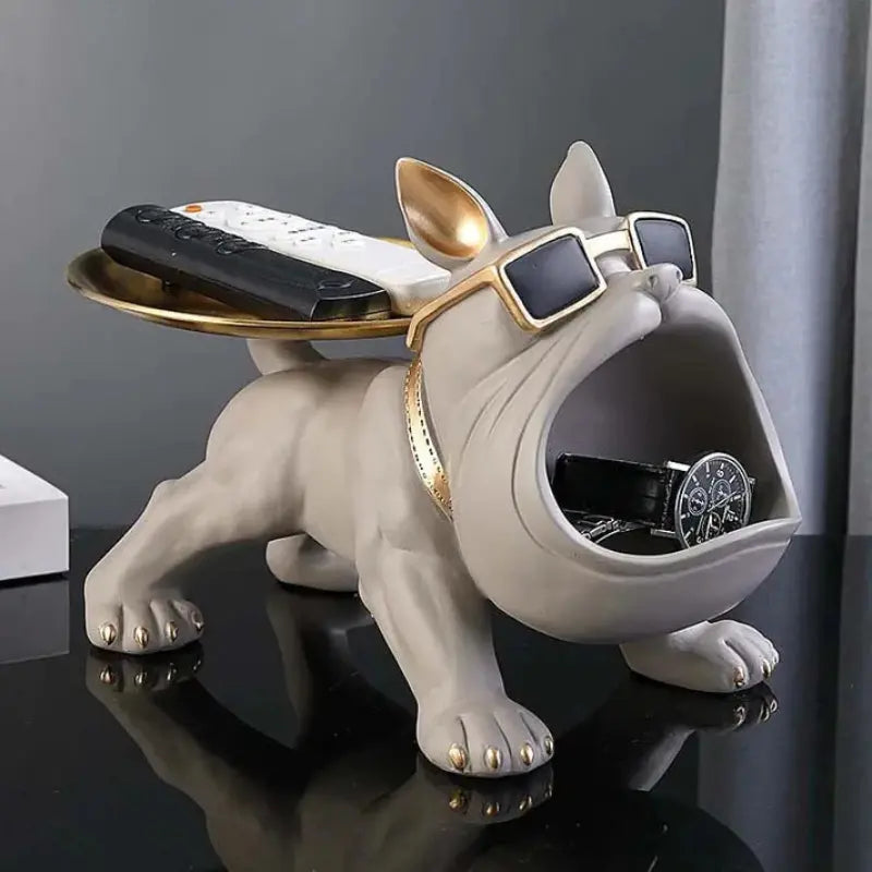 Escultura Decorativa e Porta Objetos com Bandeja Bulldog