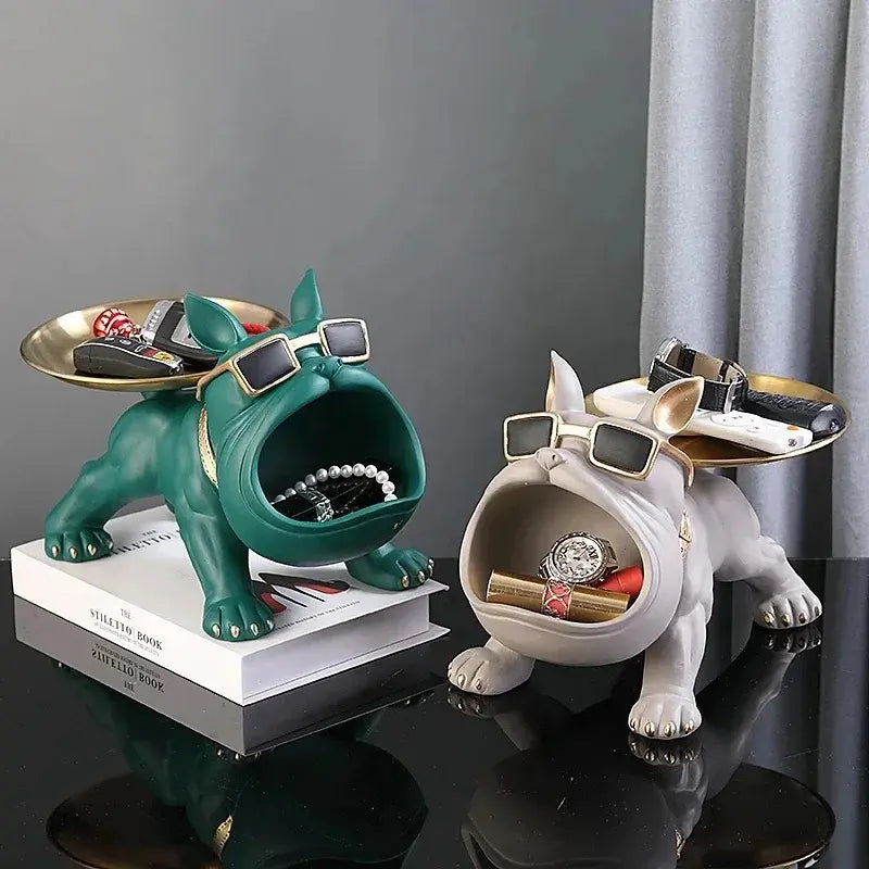 Escultura Decorativa e Porta Objetos com Bandeja Bulldog