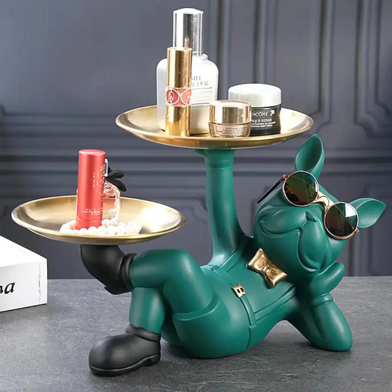 Escultura Decorativa e Porta Objetos com Bandeja Dupla Bulldog Relaxado