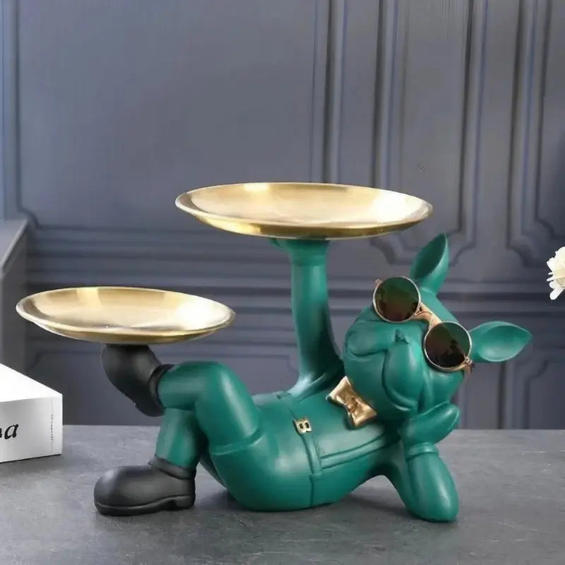 Escultura Decorativa e Porta Objetos com Bandeja Dupla Bulldog Relaxado